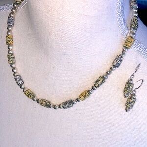 Vintage Set Handmade Animal Print Beaded Necklace & Earrings Edgy Boho Statement